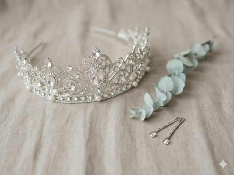 Un primer plano elegante de un tocado joya nupcial de plata con cristales y perlas, junto a horquillas de peluquería y una ramita de eucalipto, sobre un fondo de lino natural beige.