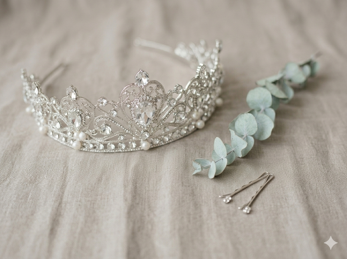 Un primer plano elegante de un tocado joya nupcial de plata con cristales y perlas, junto a horquillas de peluquería y una ramita de eucalipto, sobre un fondo de lino natural beige.