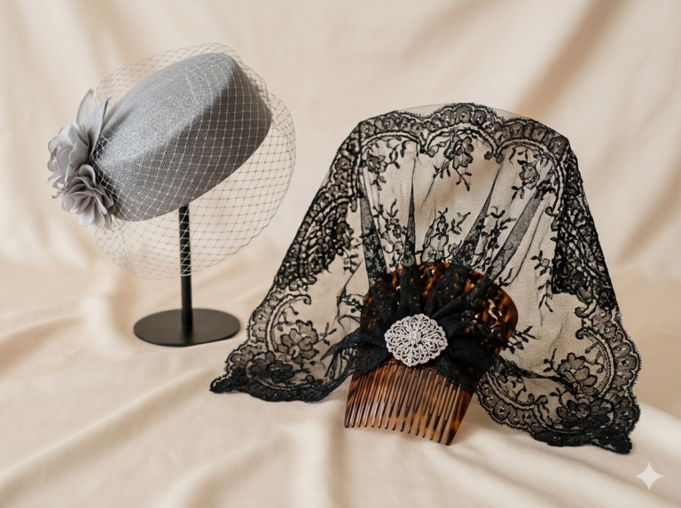 Elegante composición de accesorios para madrina en formato 4:3: mantilla de encaje negro sobre peineta de carey, broche joya de plata y cristales, y tocado pillbox vintage con velo de red, sobre fondo de seda neutra.