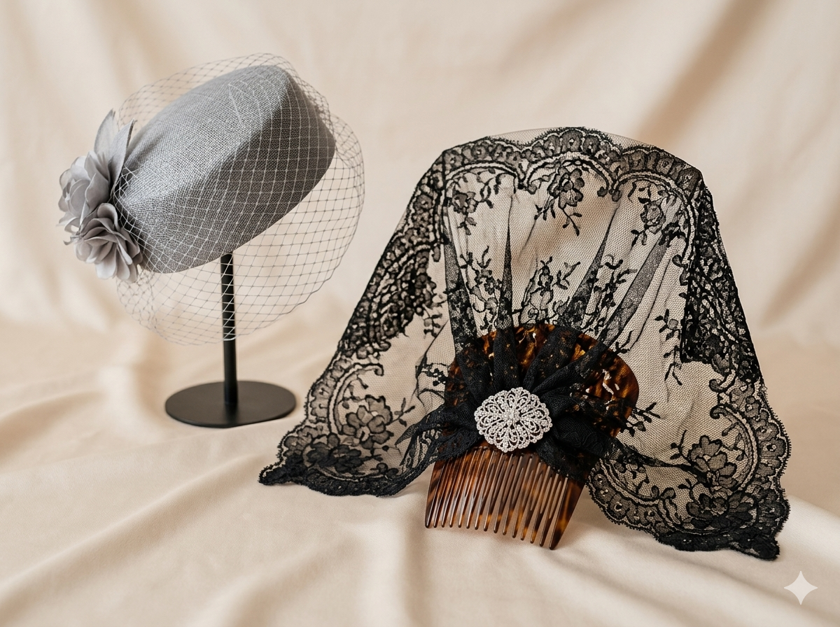 Elegante composición de accesorios para madrina en formato 4:3: mantilla de encaje negro sobre peineta de carey, broche joya de plata y cristales, y tocado pillbox vintage con velo de red, sobre fondo de seda neutra.
