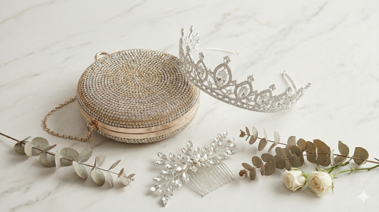 Un elegante bolso clutch de fiesta con cristales pavé y un tocado joya a juego sobre una superficie de mármol. El Tocado.
